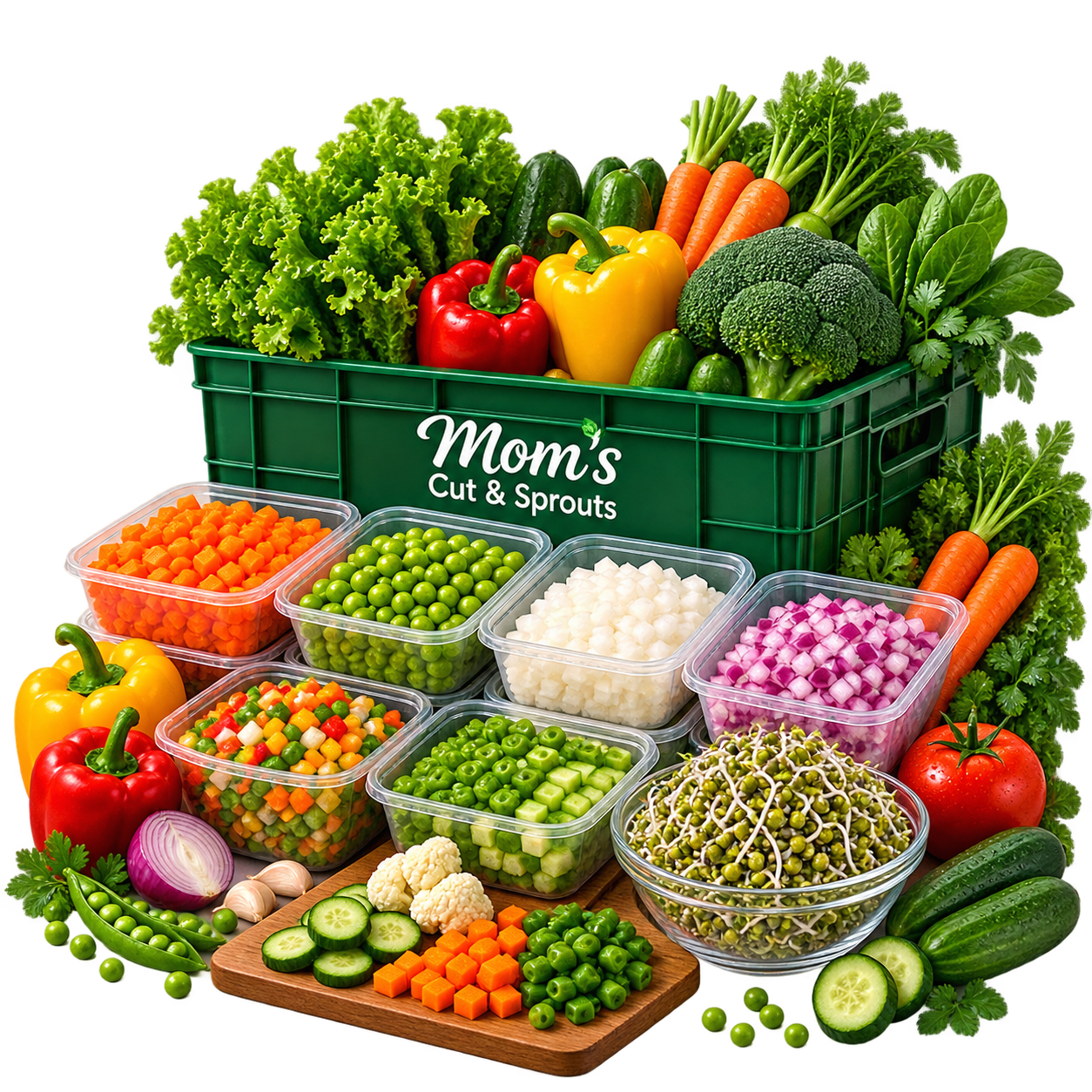 Crate of vegetables and packed produce