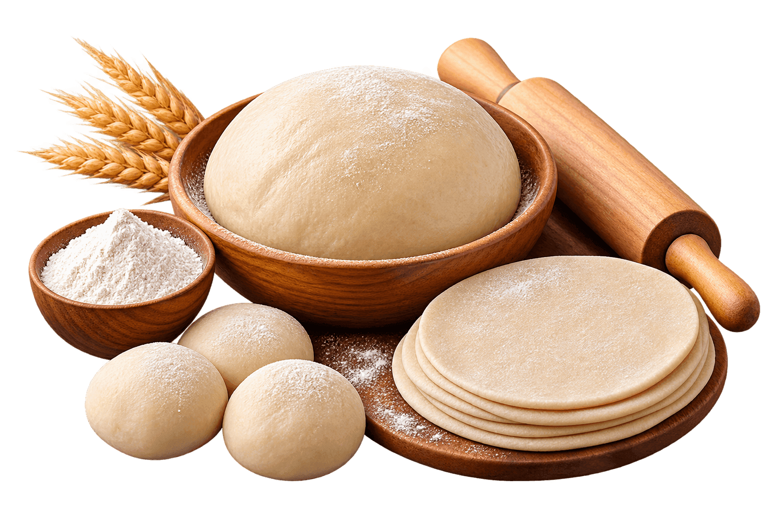 Bowl of dough with rolled chapathis