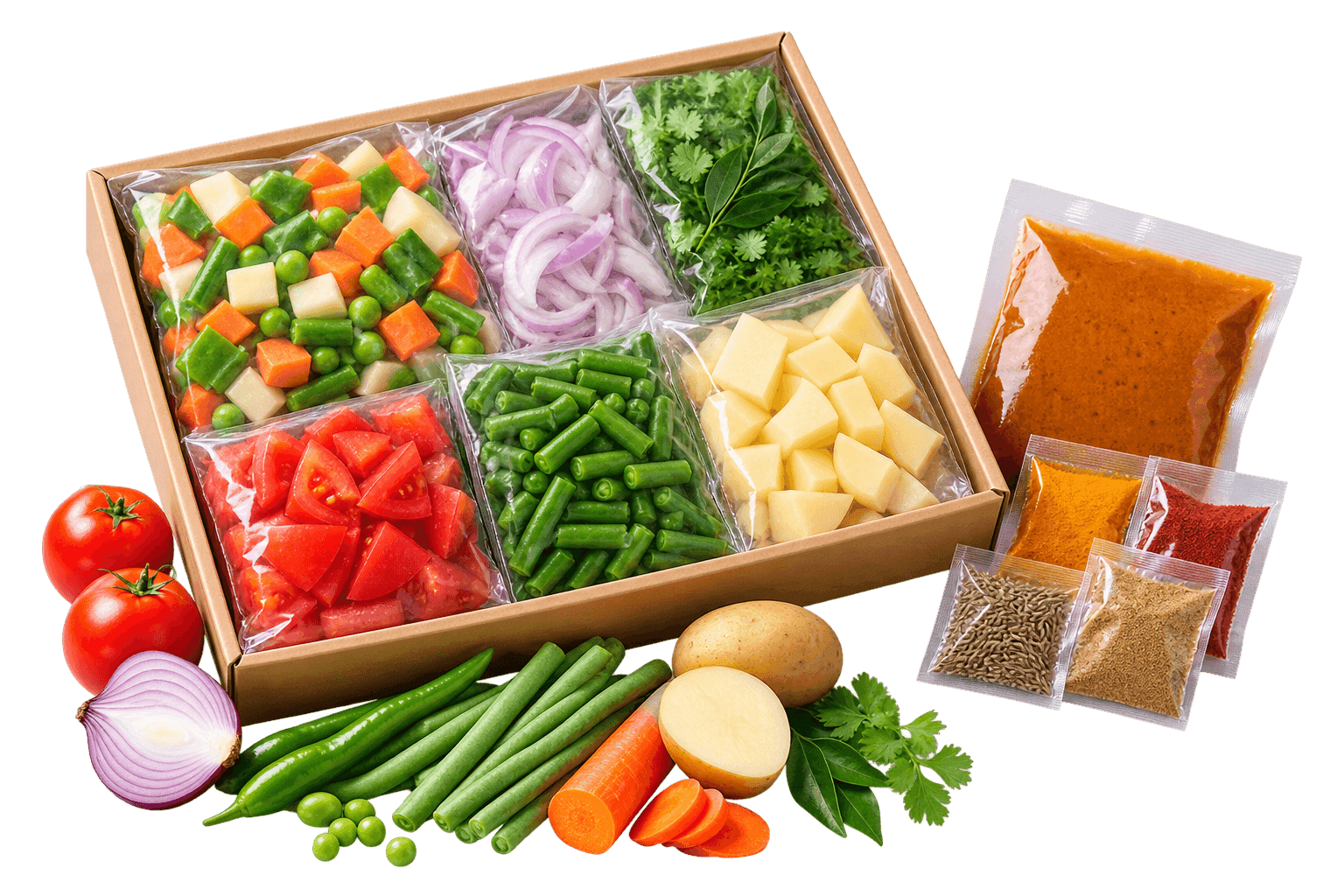 Compartment tray of ready-to-cook ingredients